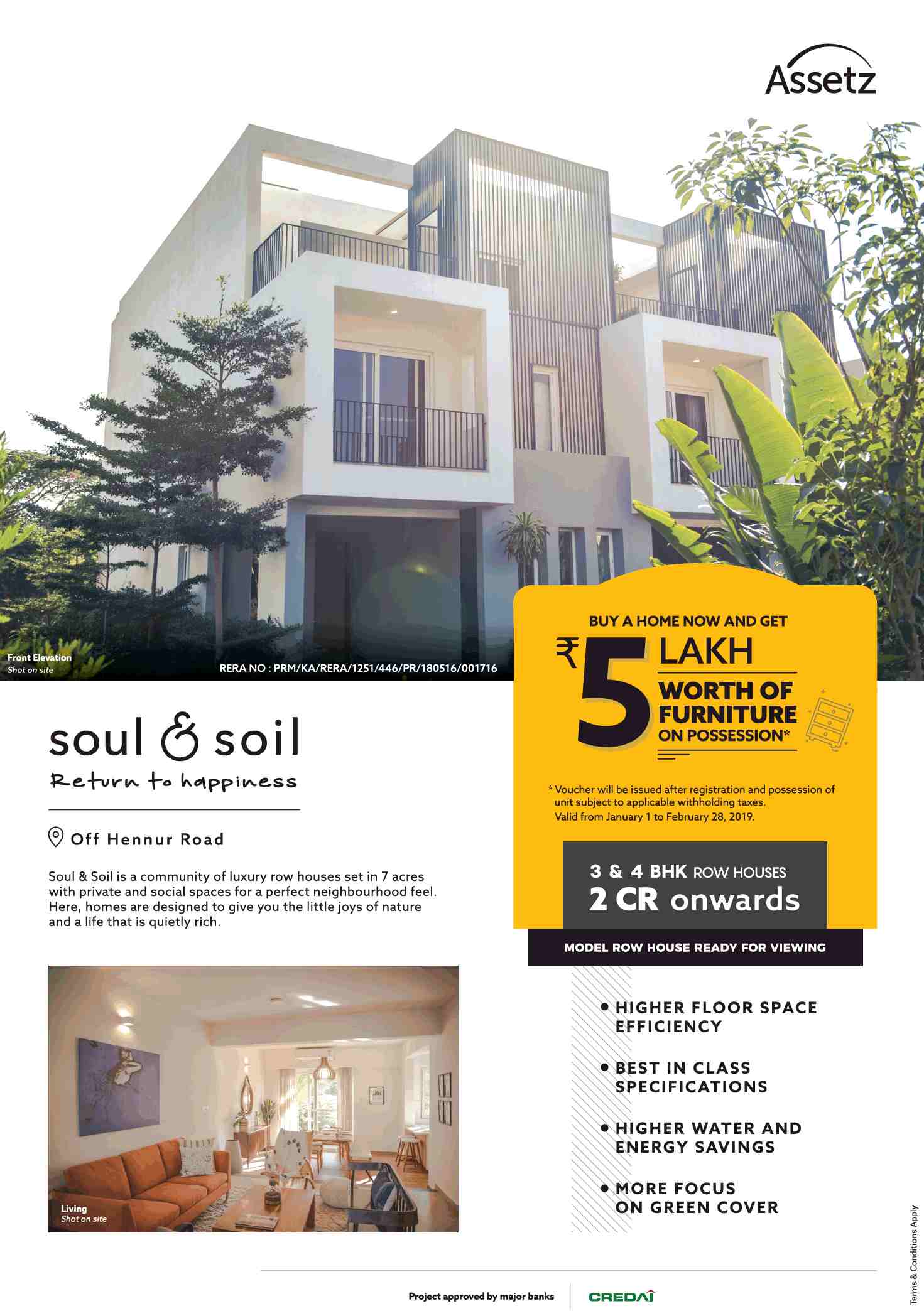 Buy a home now & get Rs 5 Lakh worth of furniture on possession at Assetz Soul & Soil in Bangalore